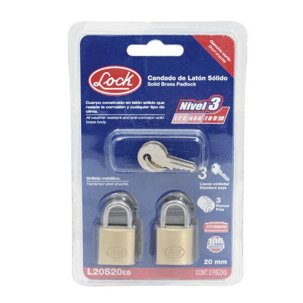 L20S20EB Juego de candados de latón cortos 20 mm, llave estándar, 2 piezas Lock