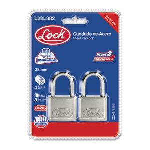 L22L382 Juego de candados de acero largos 38 mm, llave estándar, 2 piezas Lock