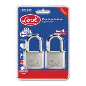 L22L452 Juego de candados de acero largos 45 mm, llave estándar, 2 piezas Lock