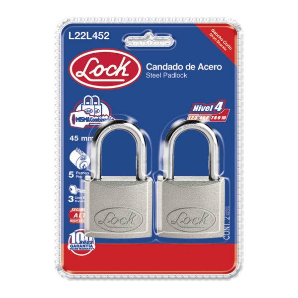 L22L452 Juego de candados de acero largos 45 mm, llave estándar, 2 piezas Lock