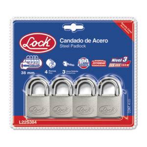 L22S384 Juego de candados de acero cortos 38 mm, llave estándar, 4 piezas Lock