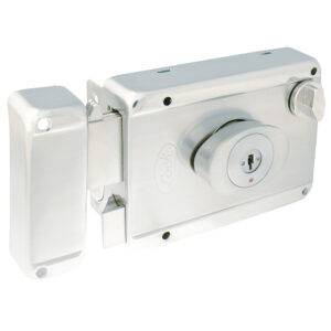 L7725ATAIN Cerradura de sobreponer función ancla, acero inoxidable, llave de puntos, en caja Lock
