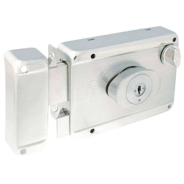 L7725ATAIN Cerradura de sobreponer función ancla, acero inoxidable, llave de puntos, en caja Lock