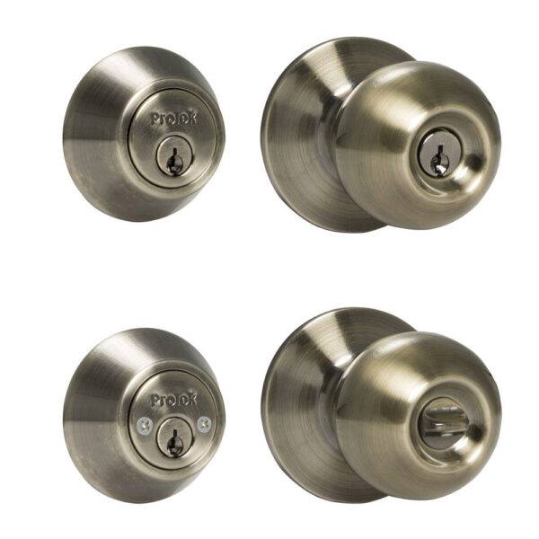 MY-CT5362BOLA-US5 Combo de pomo tubular bola función doble, latón antiguo, llave estándar, blíster Prolok