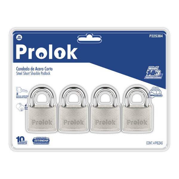 P22S384 Juego de candados de acero cortos 38 mm, llave estándar, 4 piezas Prolok