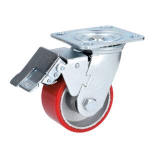 RP10B Rodaja de fierro con poliuretano rojo giratoria con freno 4" Surtek