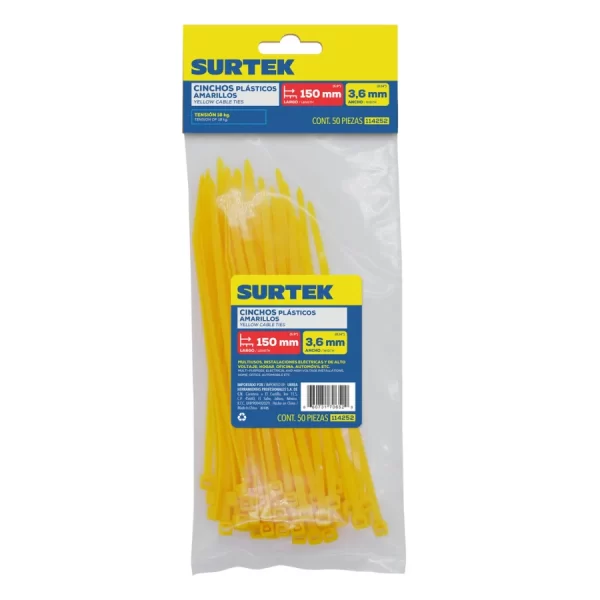 114252_e Cinchos plásticos 150 x 3.6 mm, tensión 18 kg de 50 piezas, color amarillo Surtek