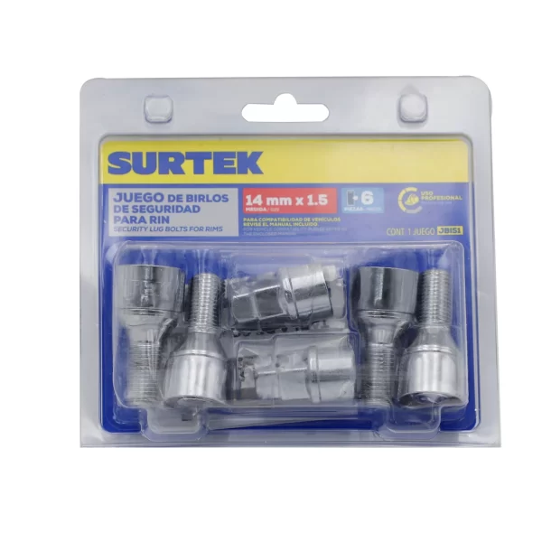 JBIS1_e Juego de birlos de seguridad para rin, 6 piezas, 14mm x 1.5" Surtek