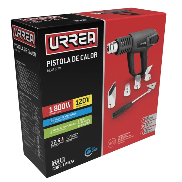 PC818_e Pistola de calor contra sobrecalentamiento 1800 W, 50°C a 600°C, 120 V, 6 acc Urrea