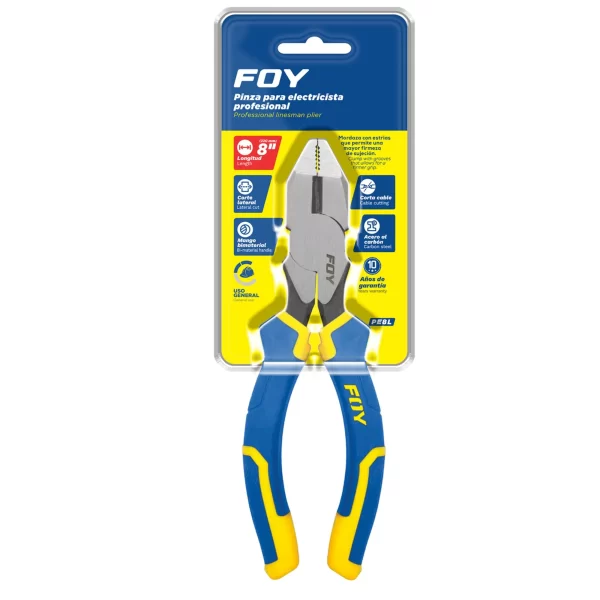 PE8L_e Pinza para electricista con mango bimaterial punta larga de 8" Foy