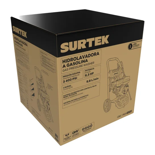 HG763_e Hidrolavadora a gasolina 6.3 HP 3400 PSI, 9.8 Lt por minuto Surtek
